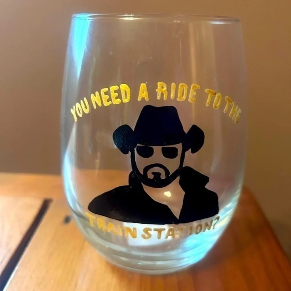 20 oz Stemless wine glass Rip Wheeler Train Station NEW hand painted